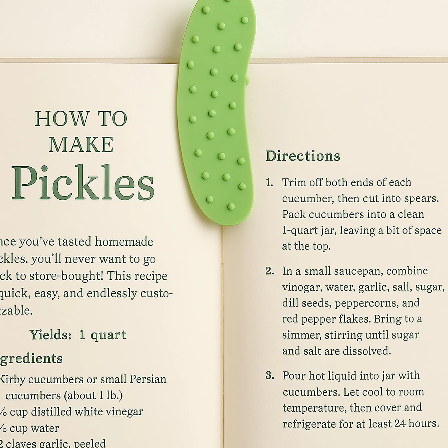 Instructions on how to make pickles with a green pickle-shaped object on a white background.