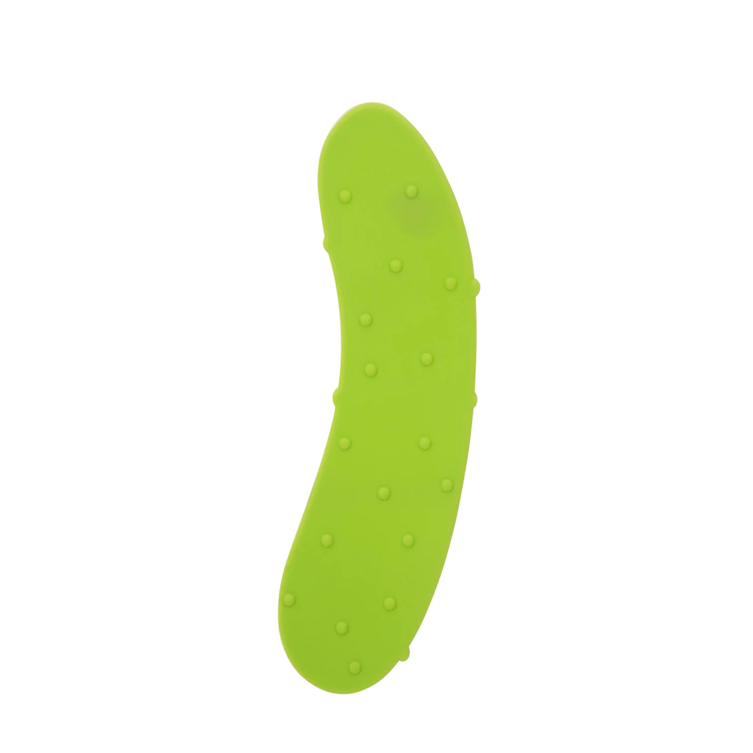 Green silicone pickle-shaped bookmark on a white background