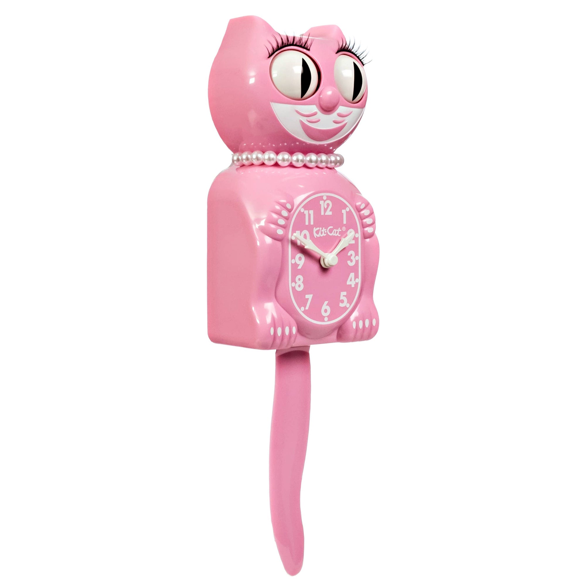 Pink cat-shaped clock with a long tail on a white background