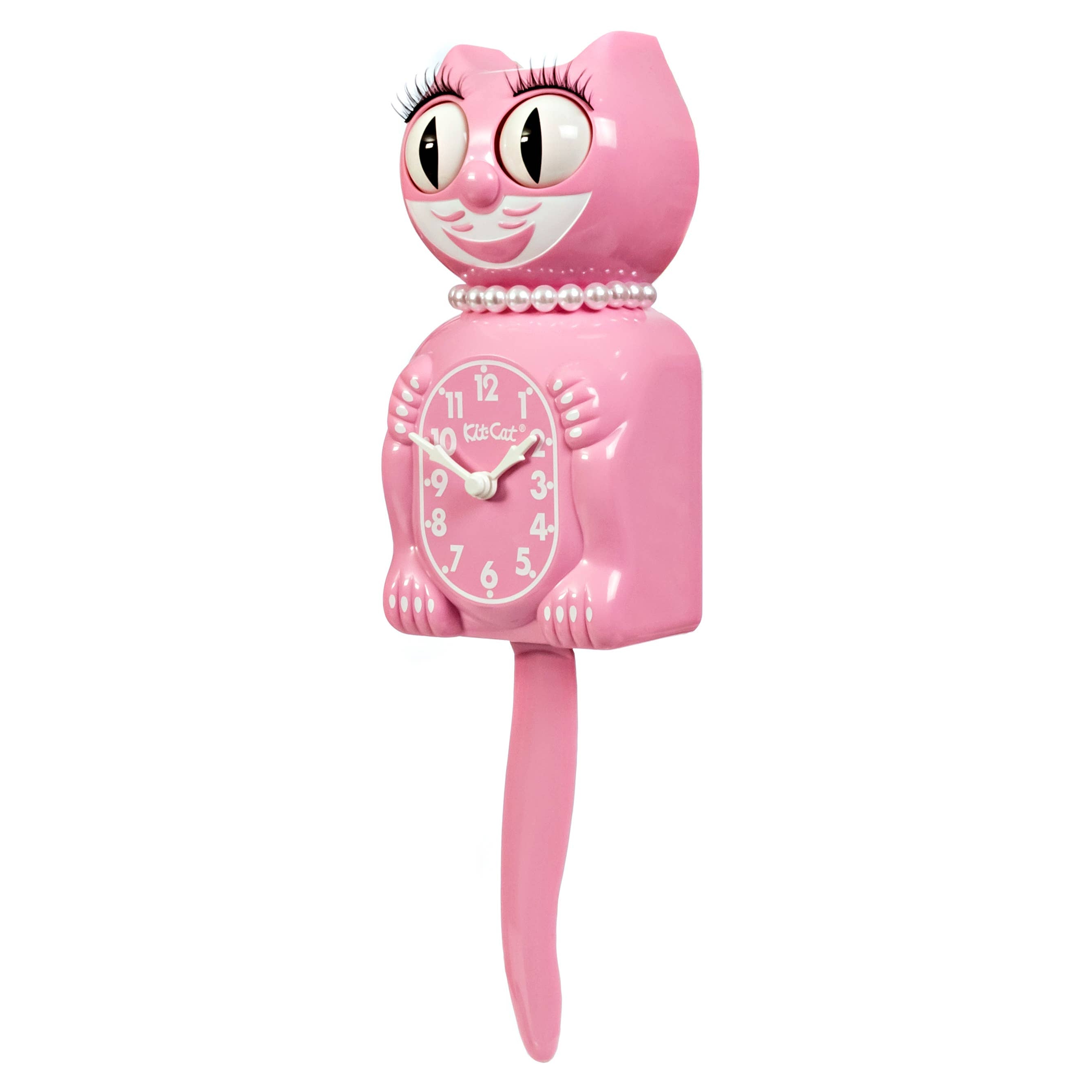 Pink cat-shaped clock with a long tail on a white background