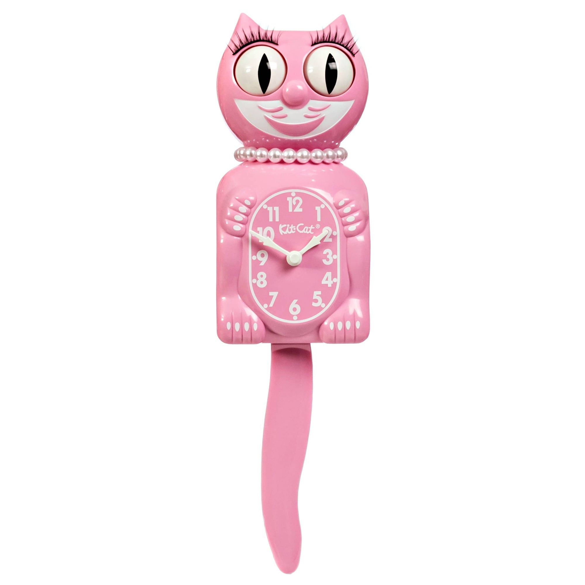 Pink cat-shaped clock with a long tail on a white background