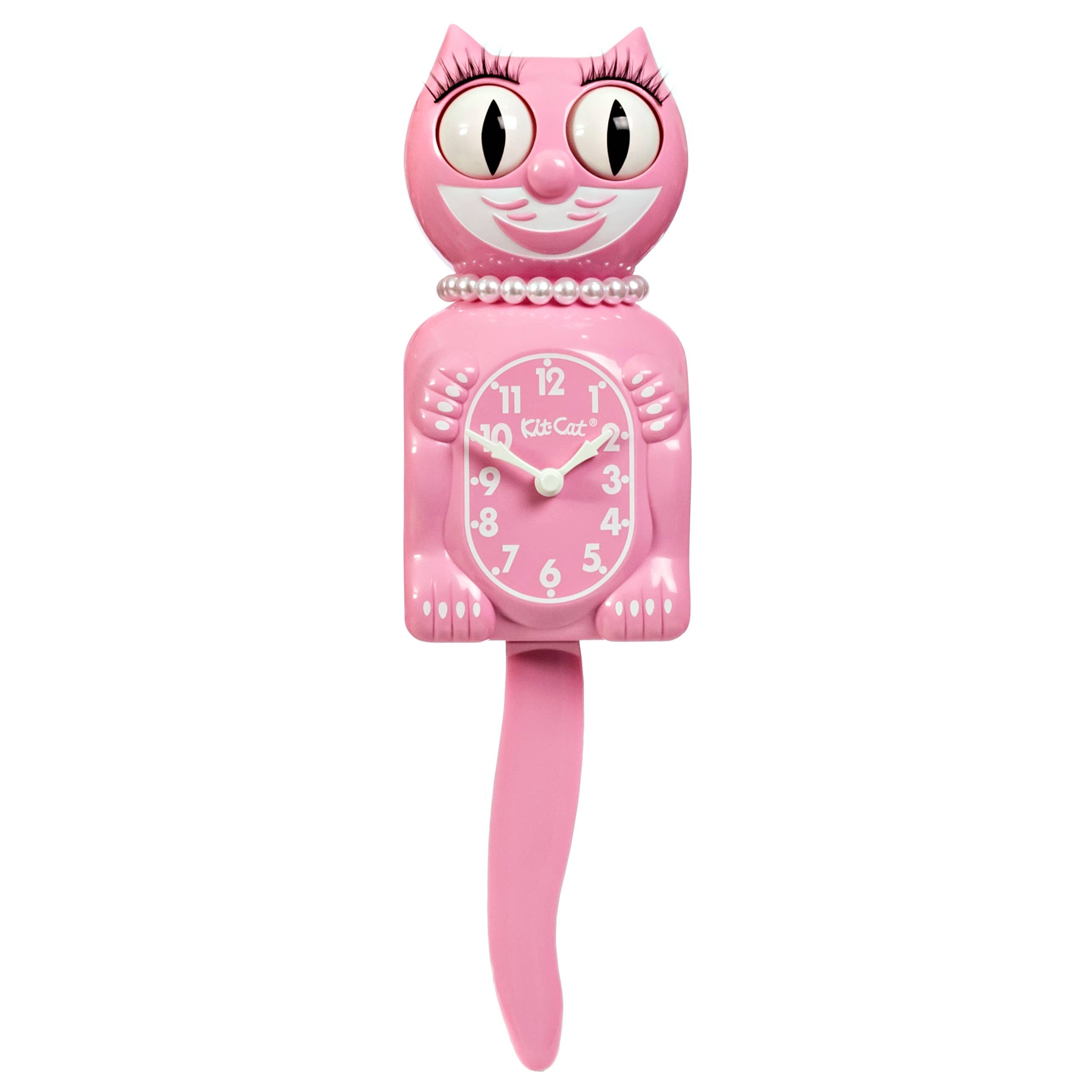 Pink cat-shaped clock with a long tail on a white background