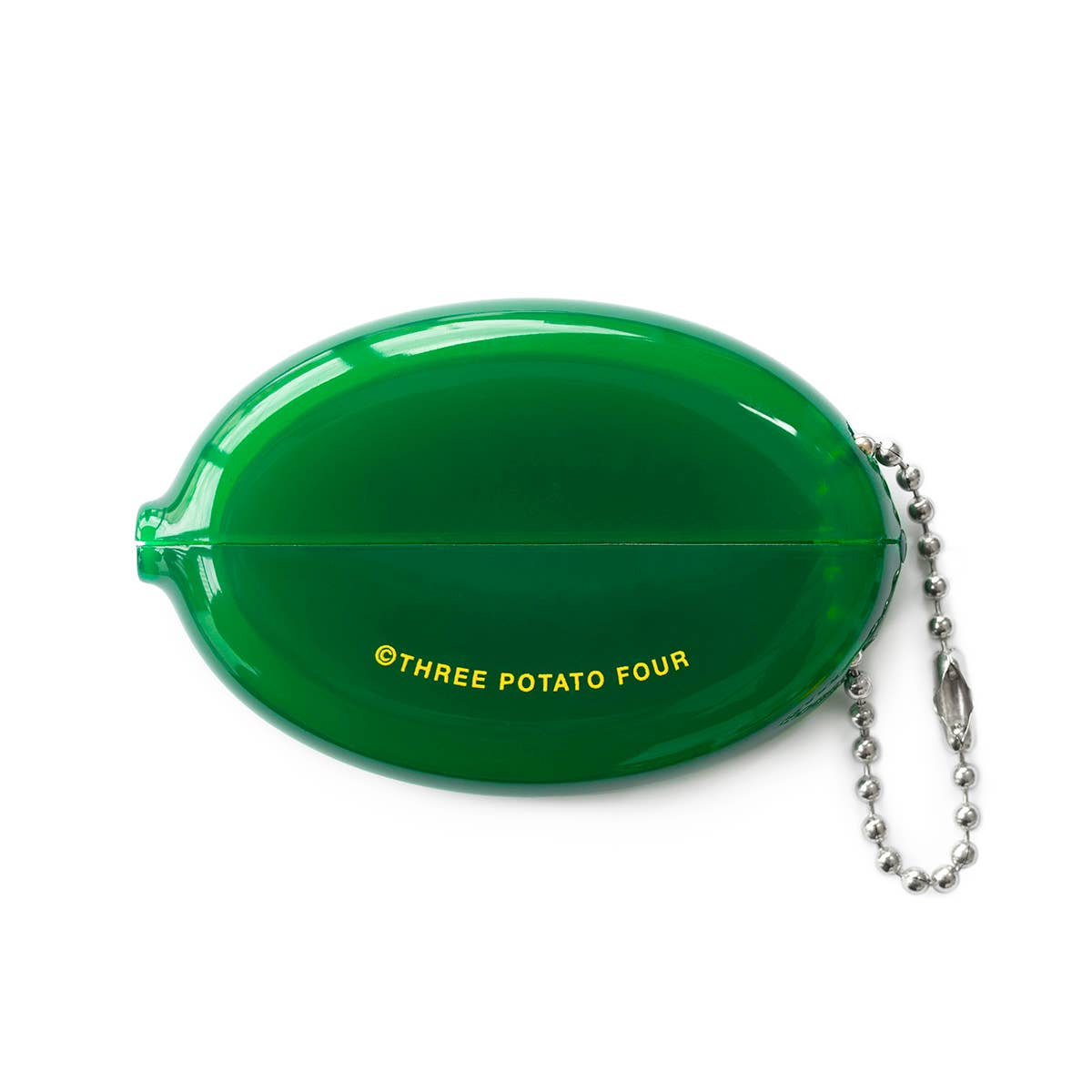 Green oval container with 'Three Potato Four' text and a chain on a white background