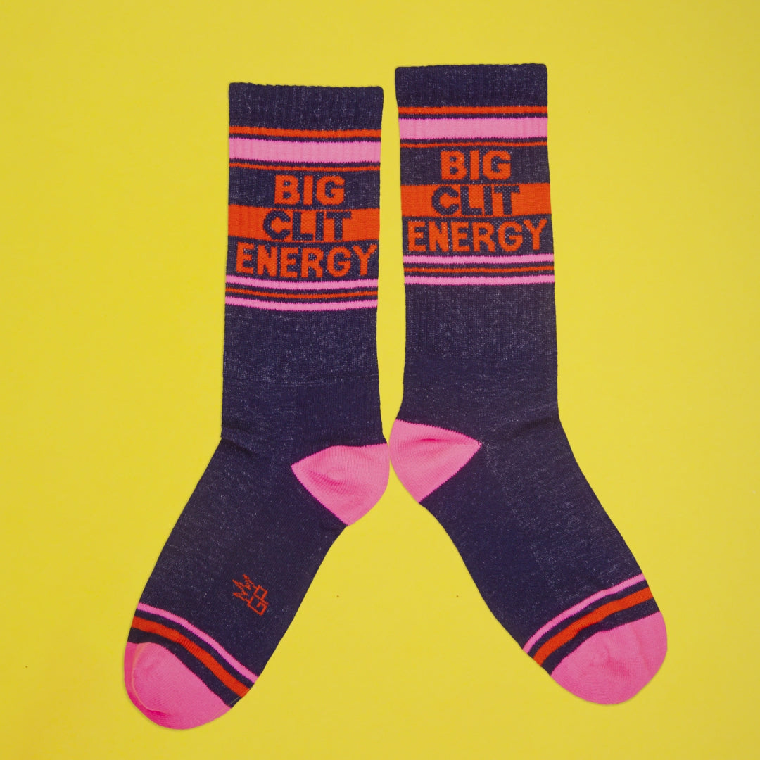Big Clit Energy crew socks with bold statement text and retro stripes gif