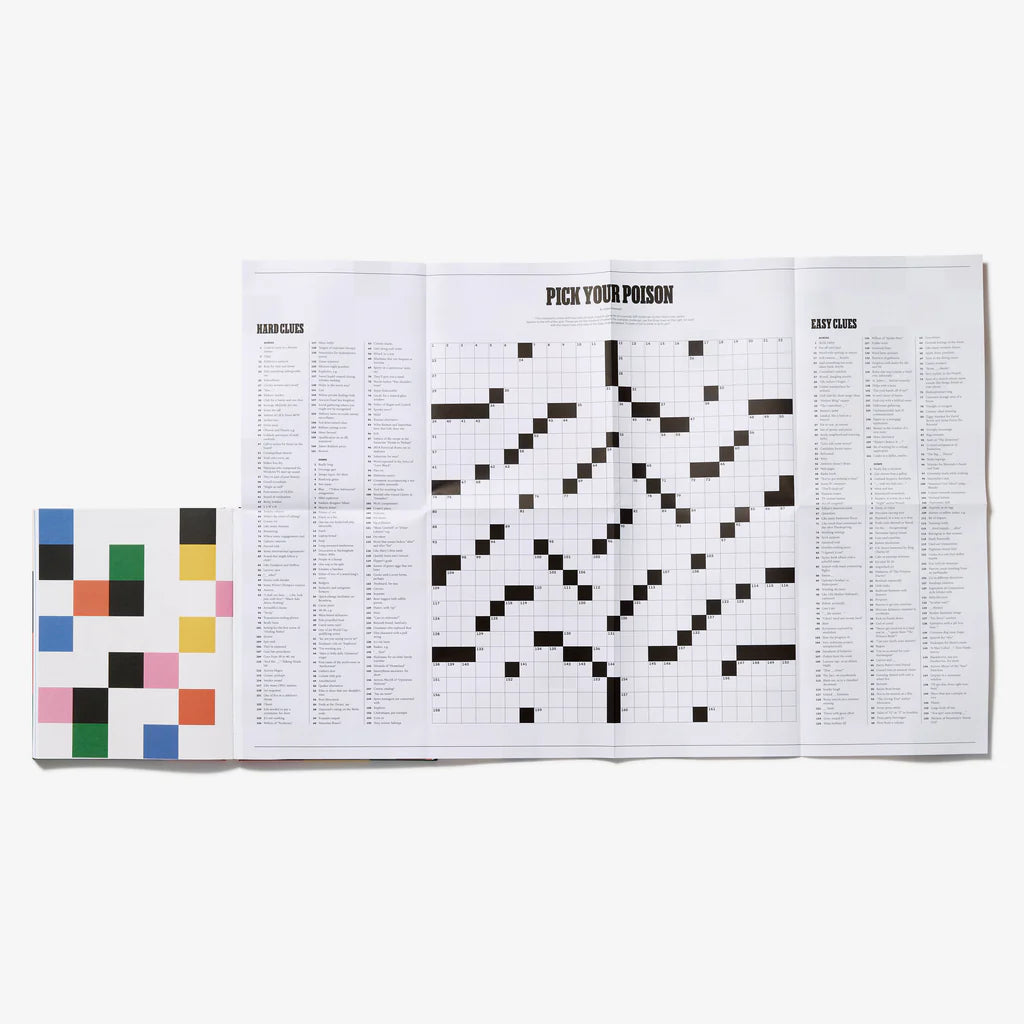 Open book with a crossword puzzle and color swatch on a white background