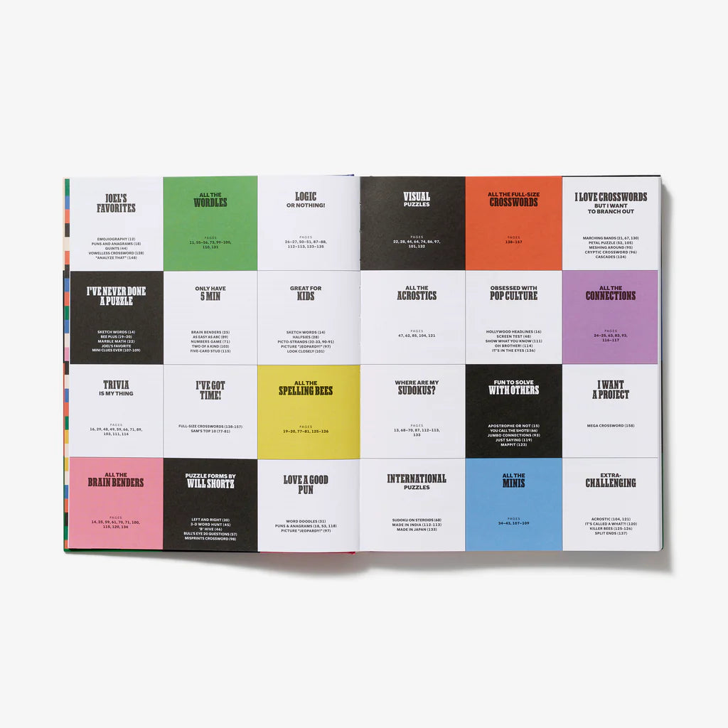 Colorful grid of text panels on a white background