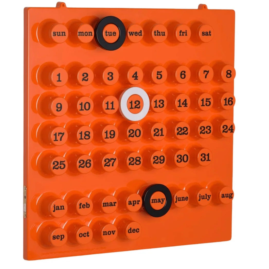 Orange calendar with circular design on a white background