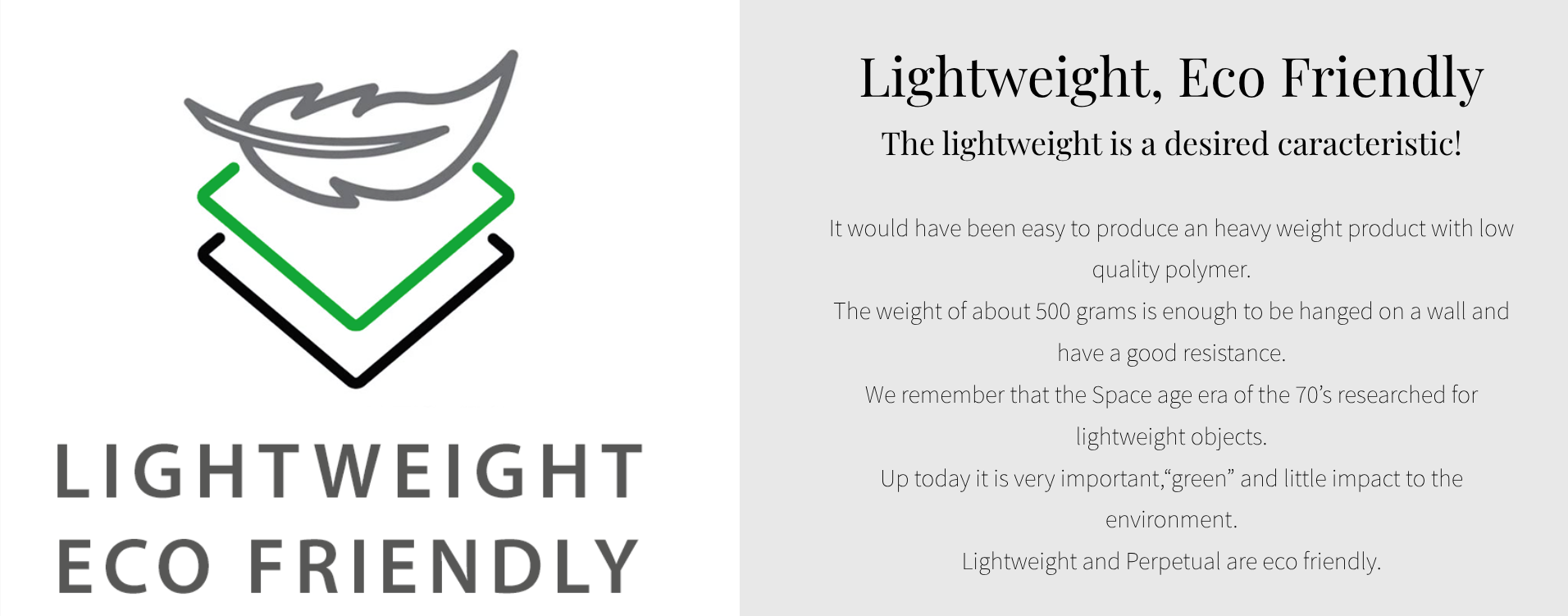 Advertisement for lightweight, eco-friendly products with a green and black logo on a white background.