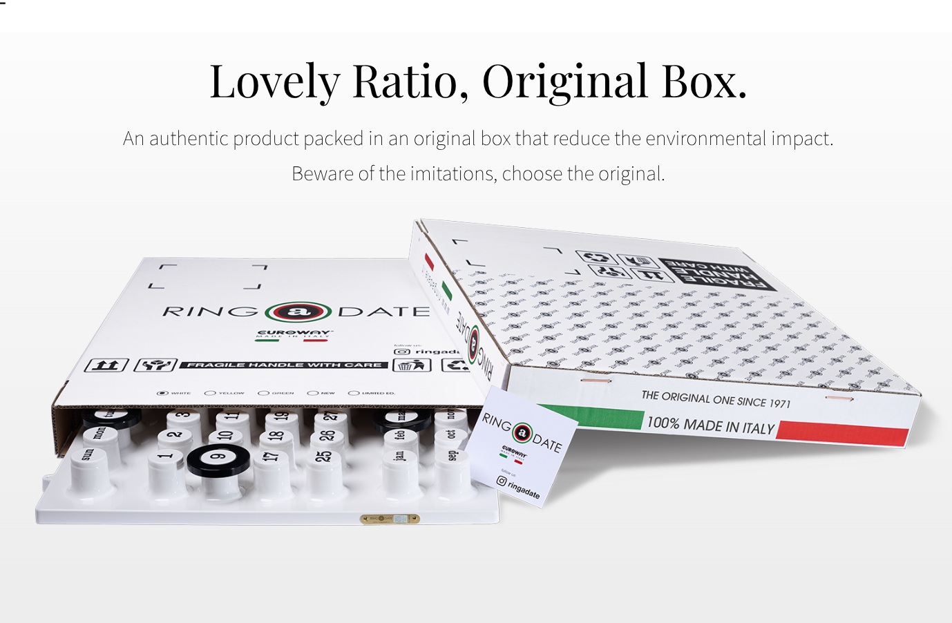 Ring Date product with packaging and text about originality and environmental impact.