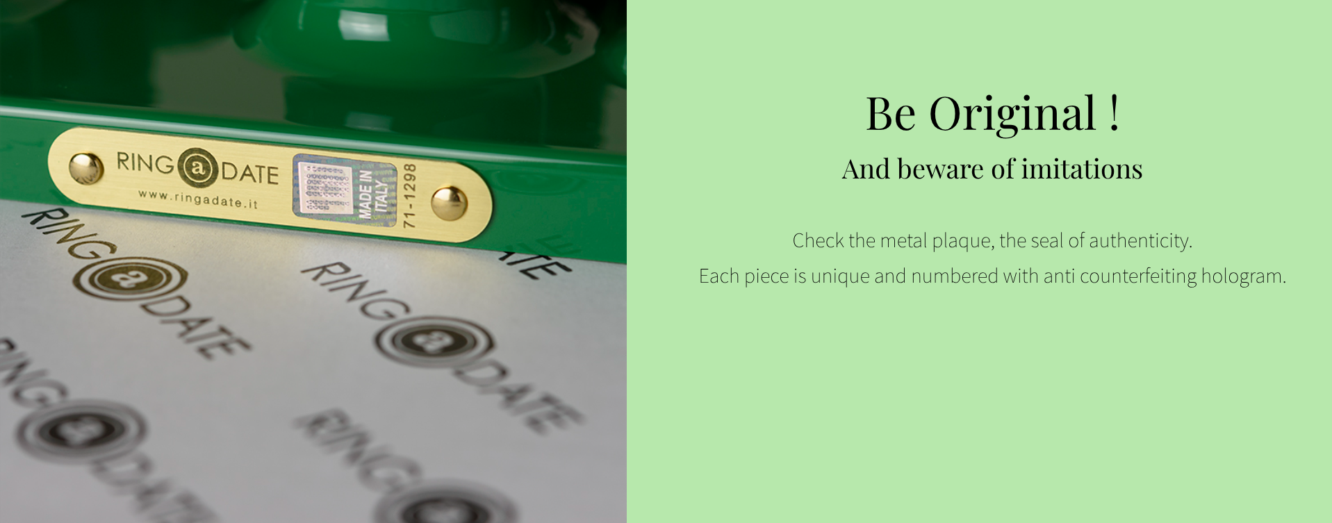 Green packaging with 'Ring of Date' branding and authenticity message.