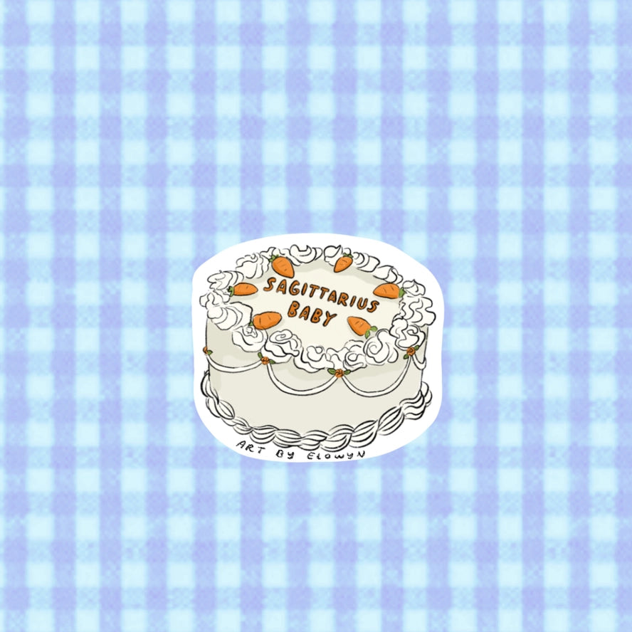 Sticker of a cake with 'Sagittarius Baby' text on a blue checkered background