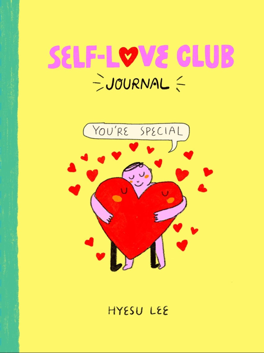 Journal cover with a person holding a large heart, surrounded by smaller hearts, on a yellow background.