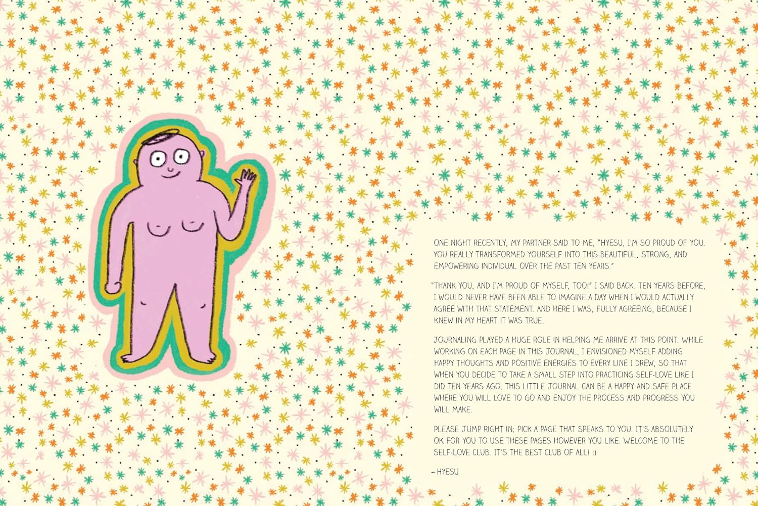 Illustration of a pink humanoid figure with rainbow accents on a patterned background