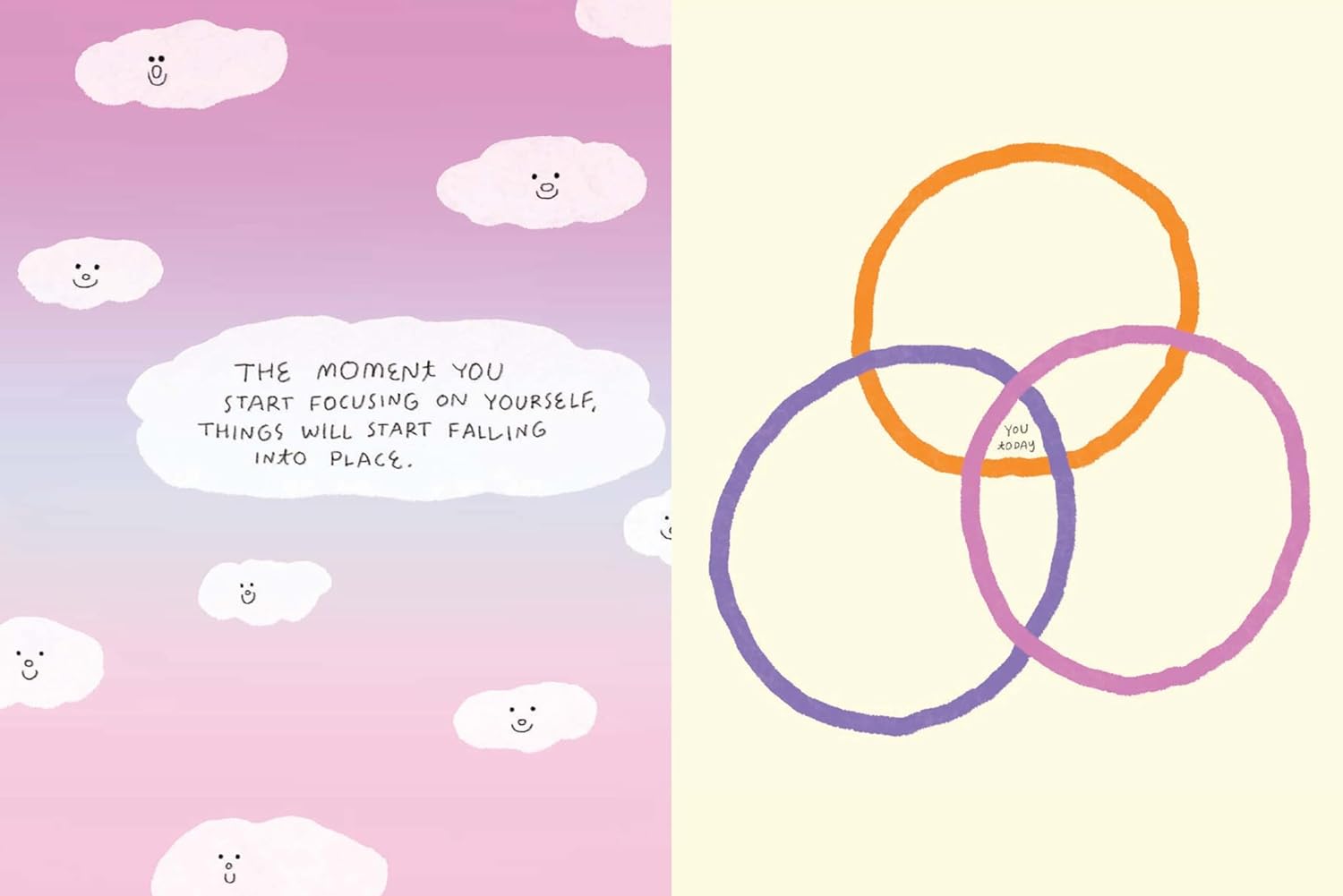 Card with motivational quote and colorful rings on a pink and yellow gradient background