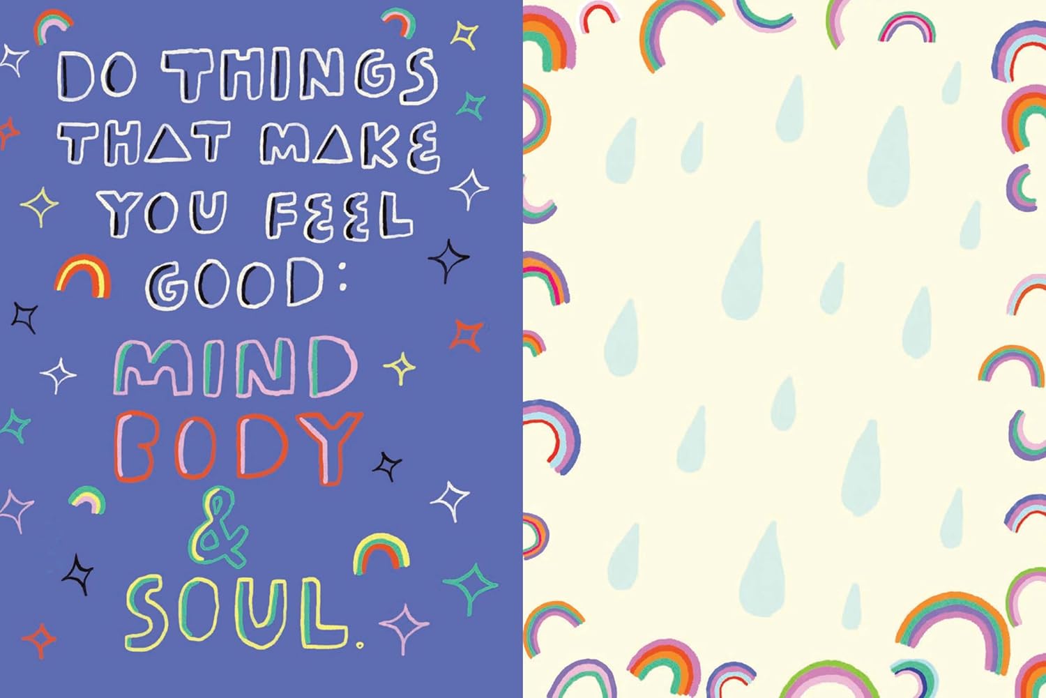 Motivational quote on a blue background with colorful text and rainbows, next to a pattern of rainbows and water droplets on a beige background.