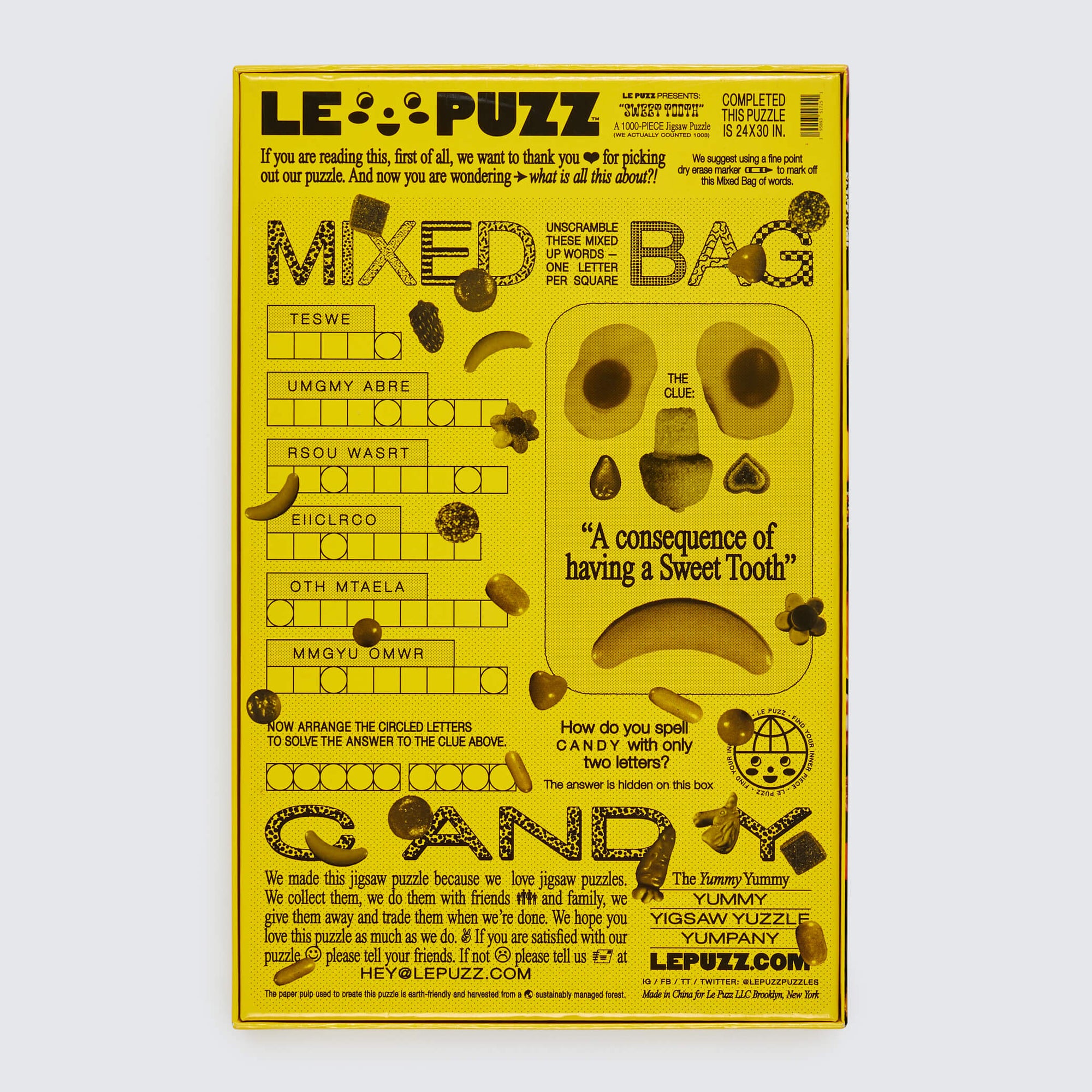 Yellow puzzle packaging with text and graphics on a white background
