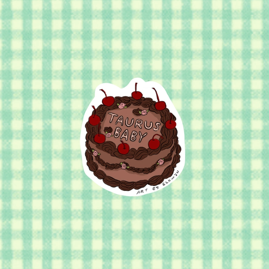 Illustration of a chocolate cake with cherries on a green and white checkered background