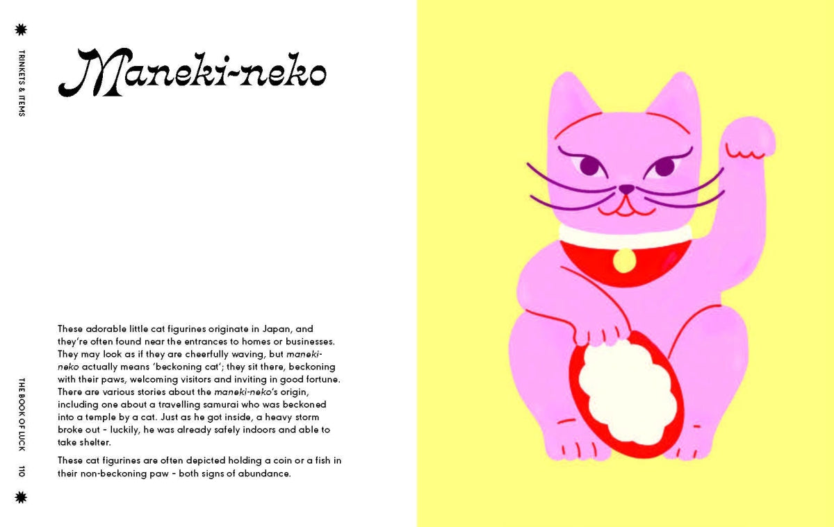 Maneki-neko cat figurine illustration on a yellow background with text.