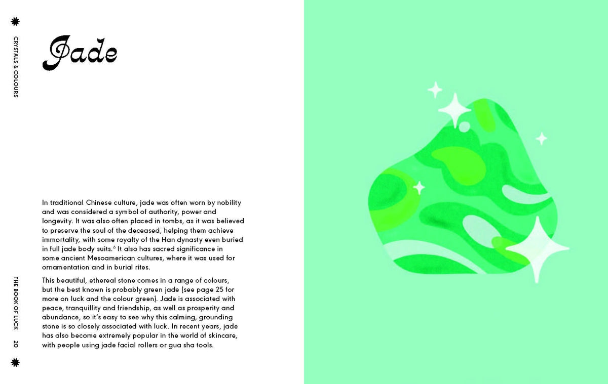Green jade stone illustration on a green background with text about jade's cultural significance.