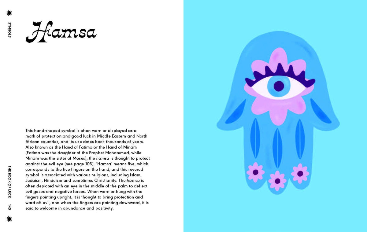 Hamsa hand symbol with text on a blue background