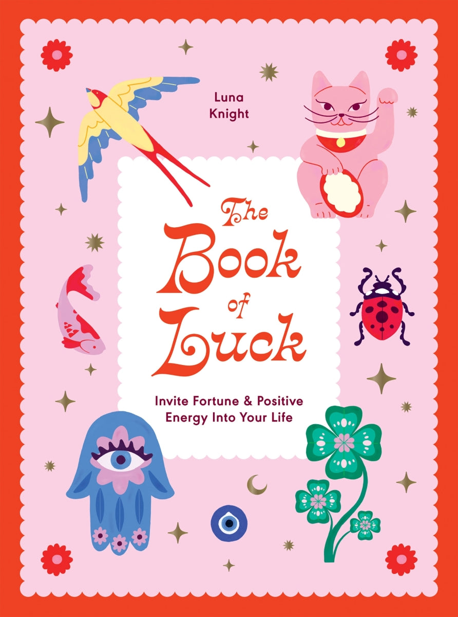Book cover of 'The Book of Luck' with illustrations on a pink and orange background