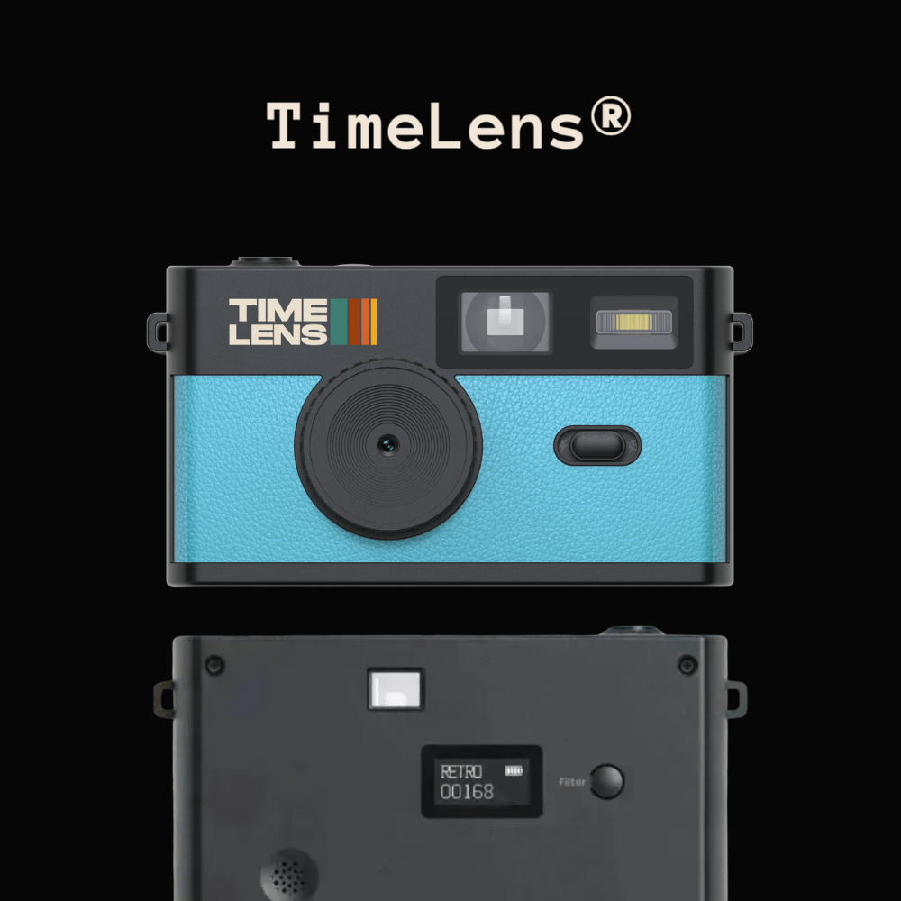 Blue camera with 'TimeLens' branding on a black background