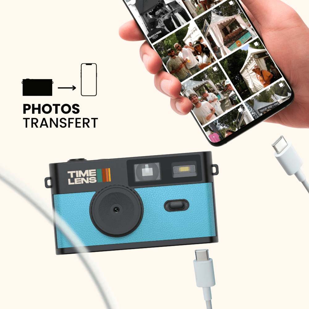 Blue camera-shaped device with 'Time Lens' branding, connected to a phone displaying photo collage.