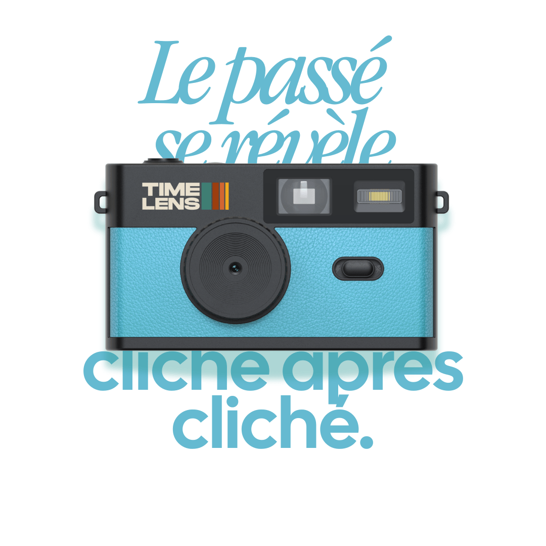 Blue camera with 'Time Lens' branding on a white background with French text.
