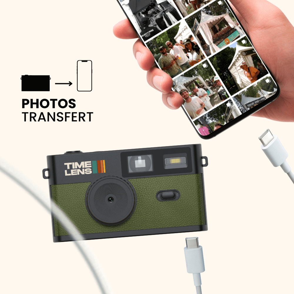 Vintage-style camera with 'Time Lens' branding, connected to a smartphone displaying photo collage.