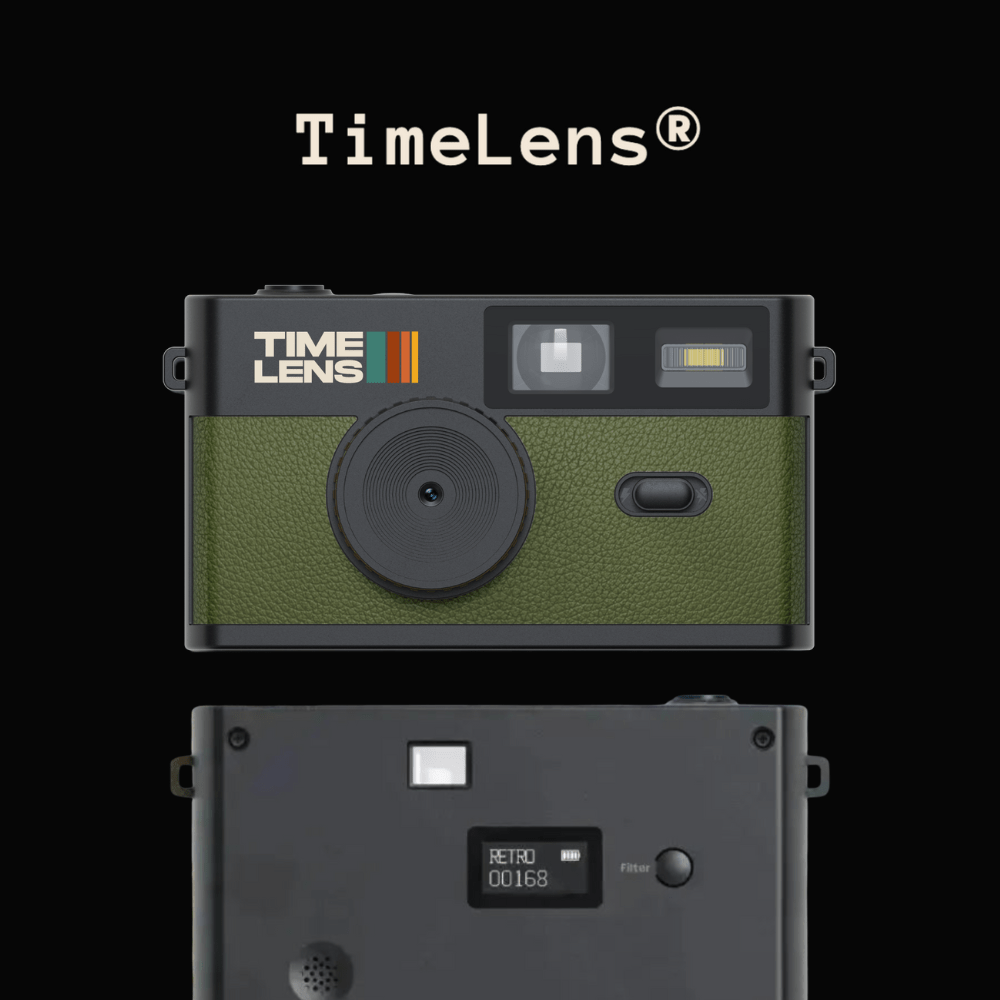 Green camera with 'TimeLens' branding on a black background