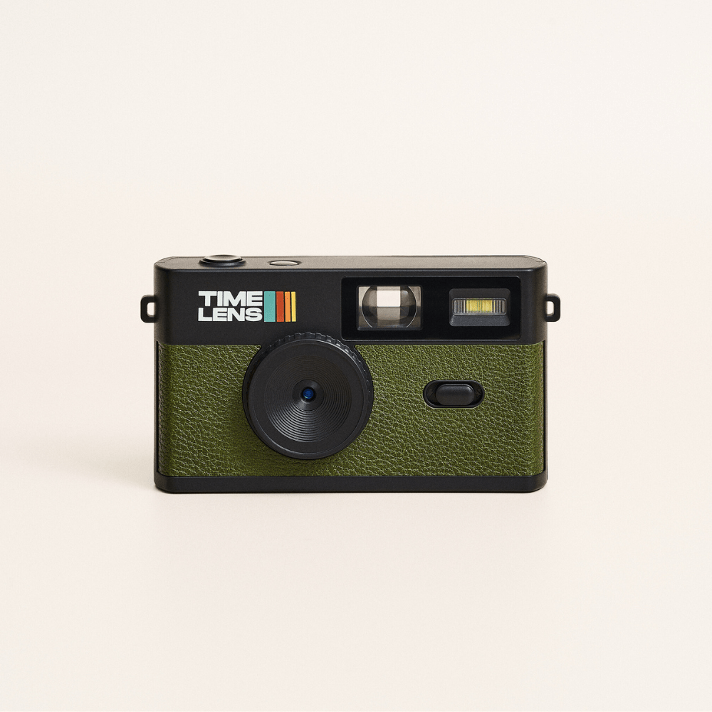 Green camera with 'TIME LENS' branding on a beige background
