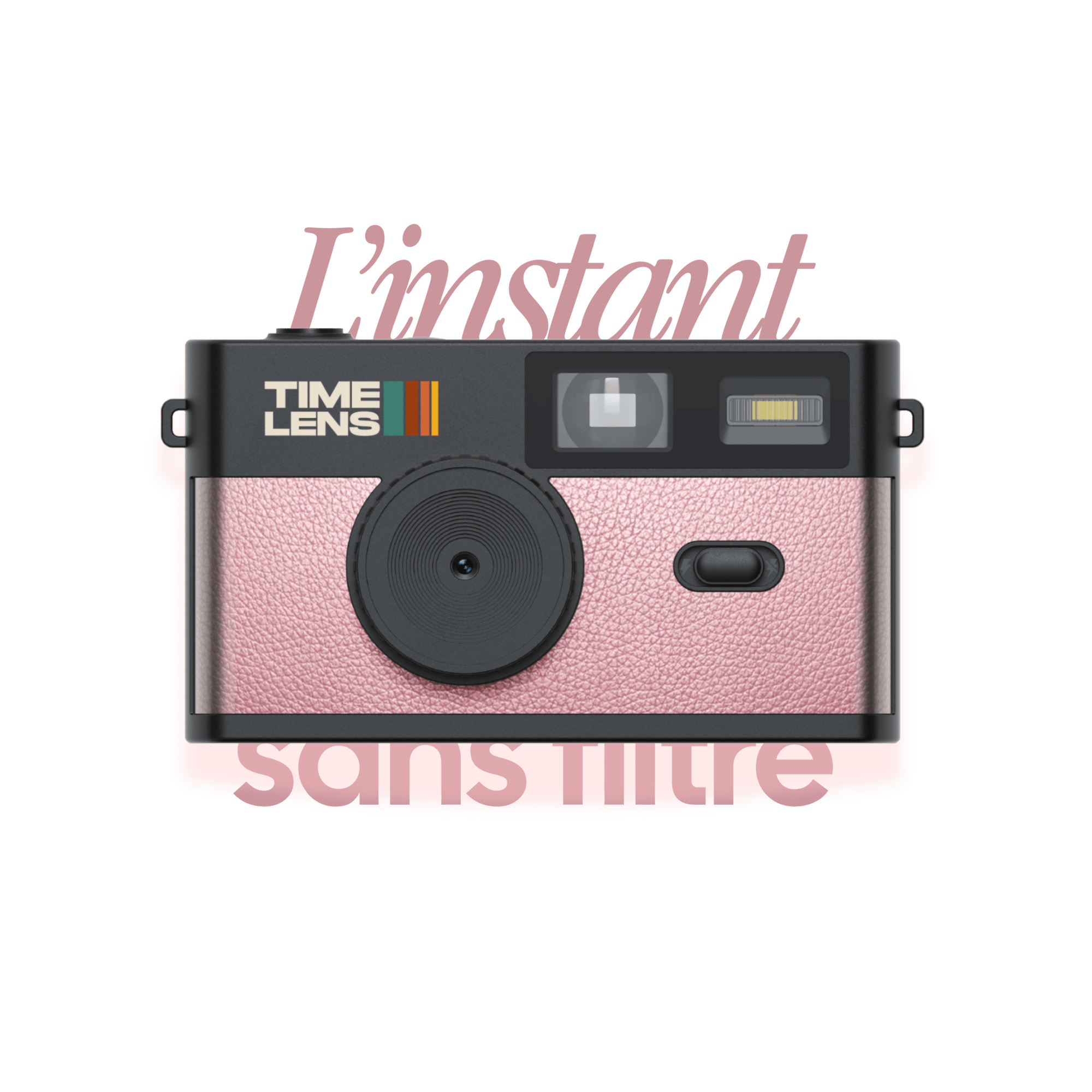Pink camera with 'I'mstant' text on a transparent background