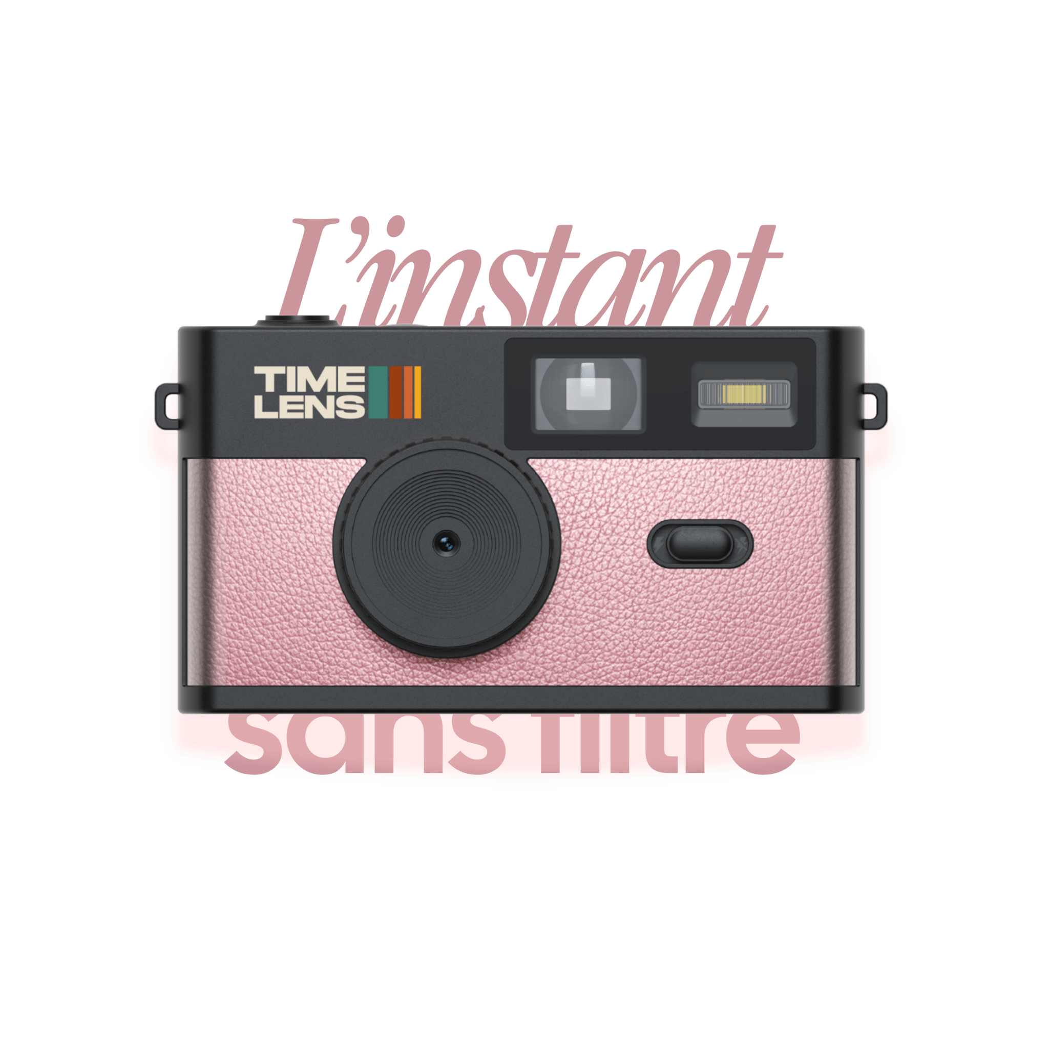 Pink camera with 'I'mstant' text on a transparent background