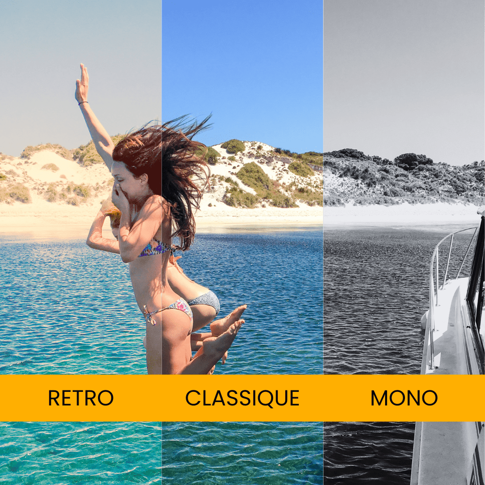 Woman in a bikini jumping into water with color grading options labeled 'Retro', 'Classique', and 'Mono'.