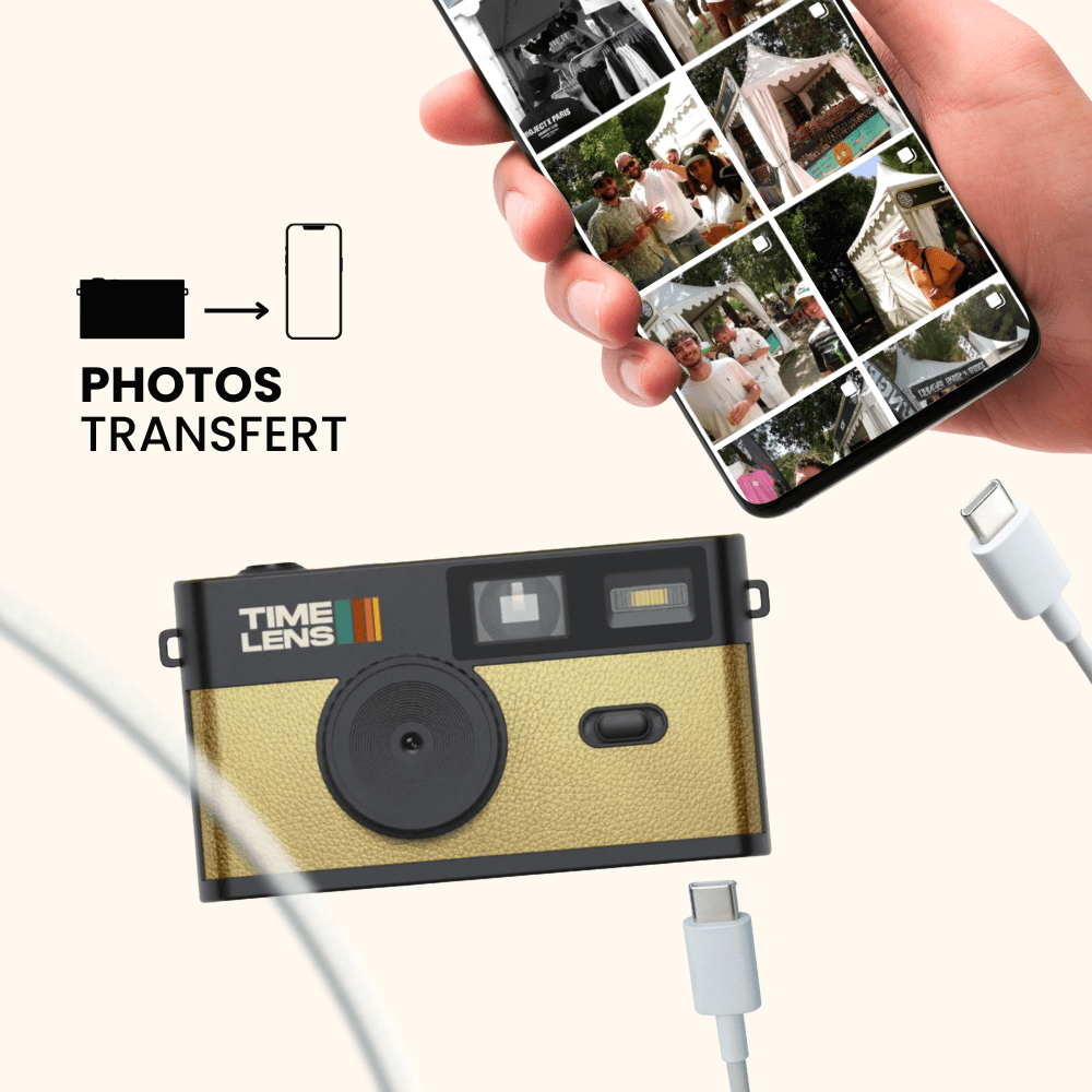 Vintage-style camera with 'Time Lens' branding, connected to a smartphone displaying photo collage.