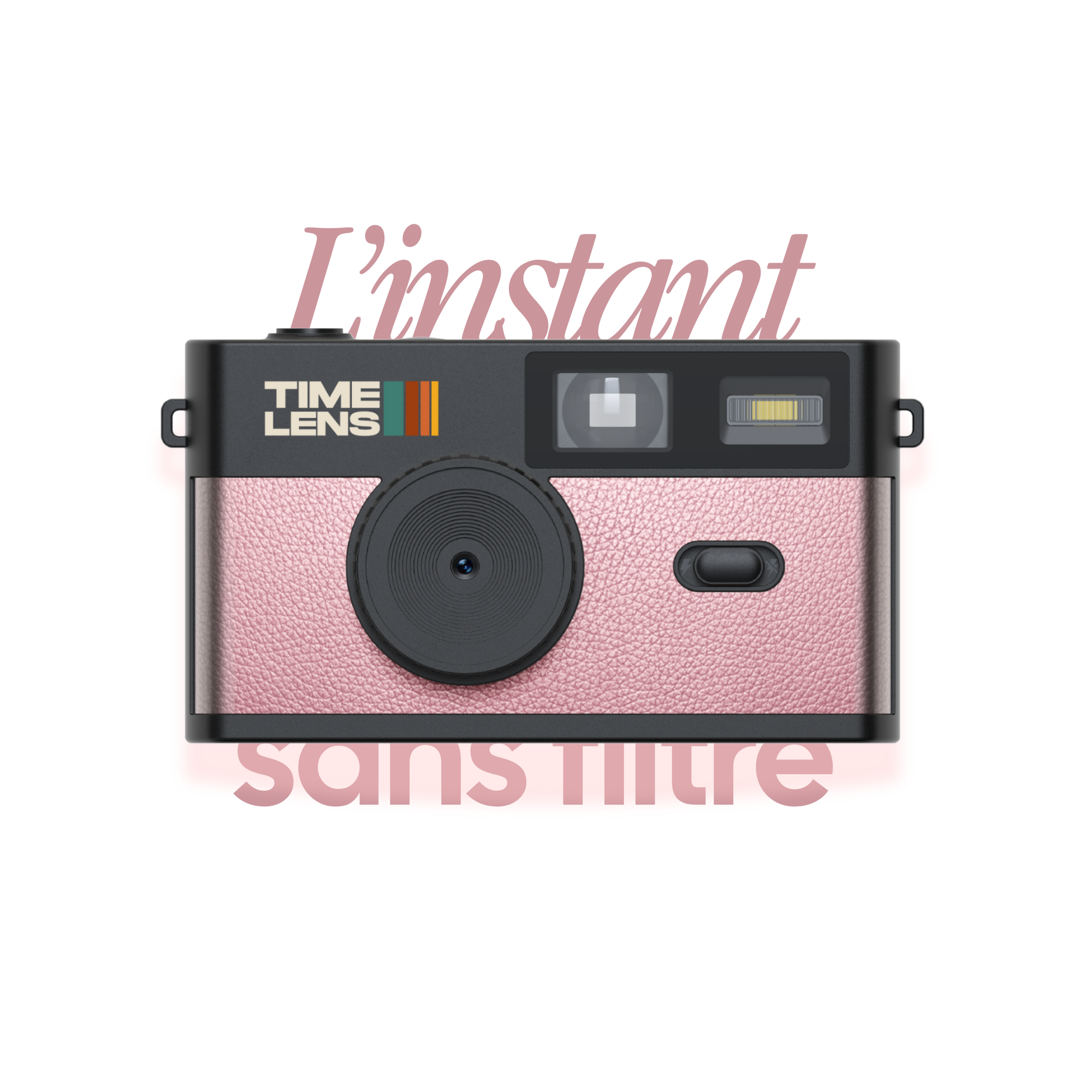 Pink instant camera with 'L'instant' text on a white background