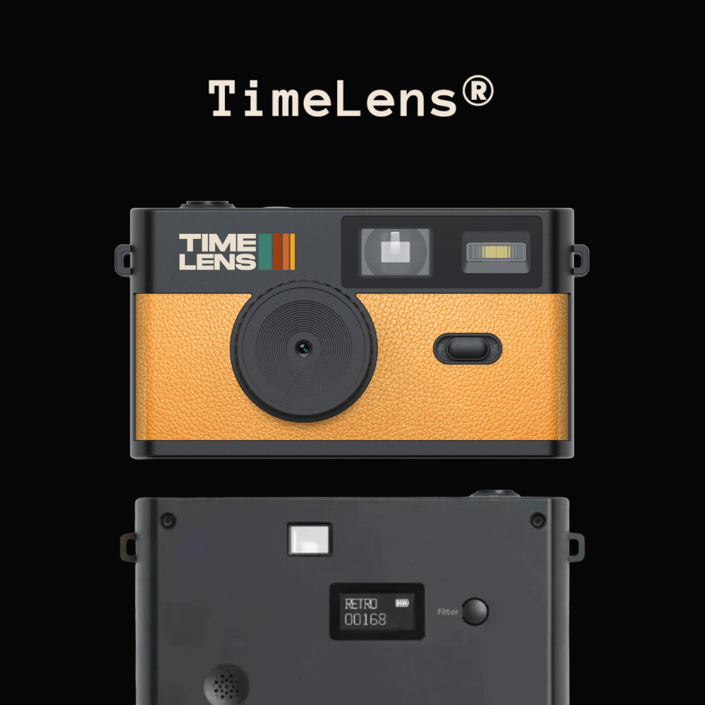TimeLens camera with front and back views on a black background