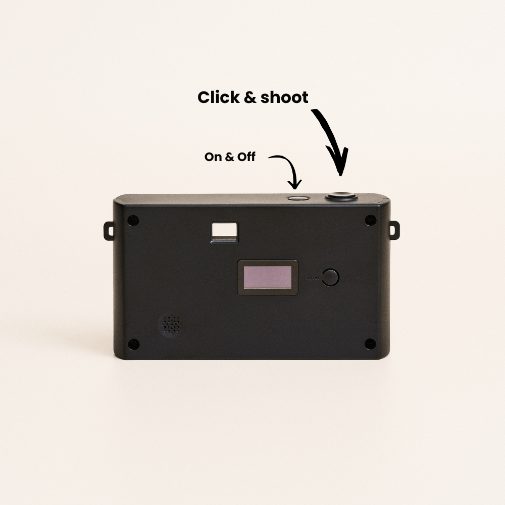 Black camera with labeled buttons on a white background