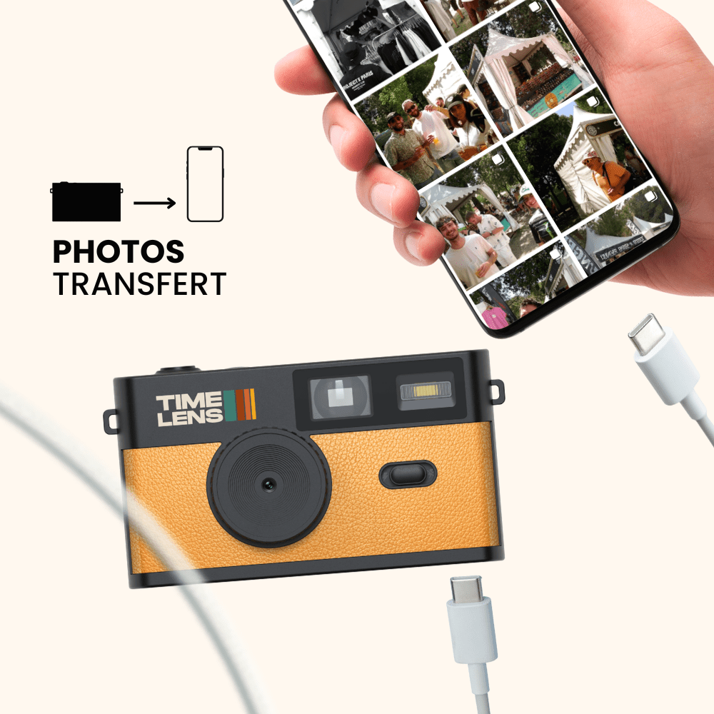 Vintage-style camera with 'Time Lens' branding, connected to a phone displaying photo collage, with text 'Photos Transfert'.