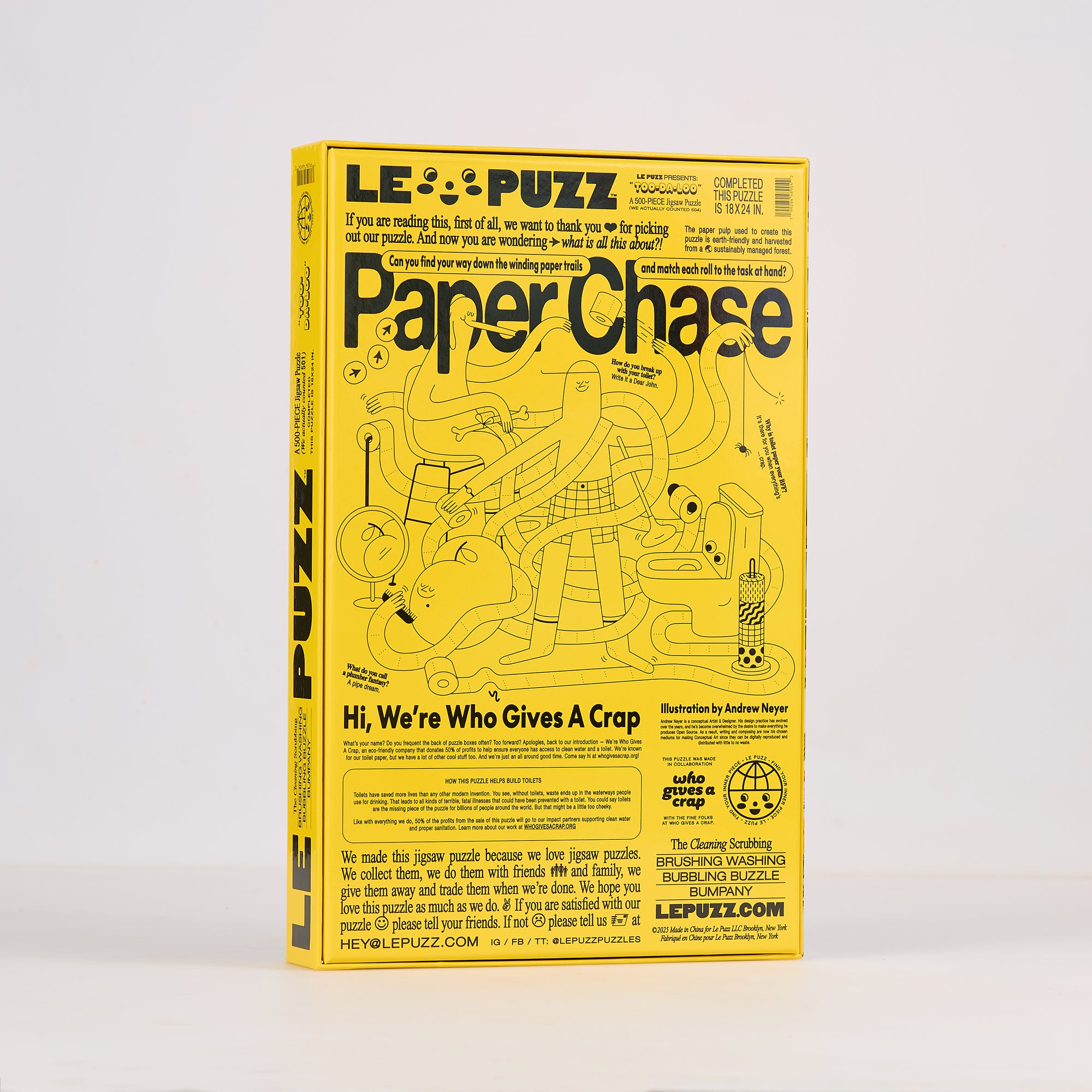 Back of Le Puzz Too-Da-Loo 500 piece puzzle box featuring Who Gives A Crap collaboration and Paper Chase illustration