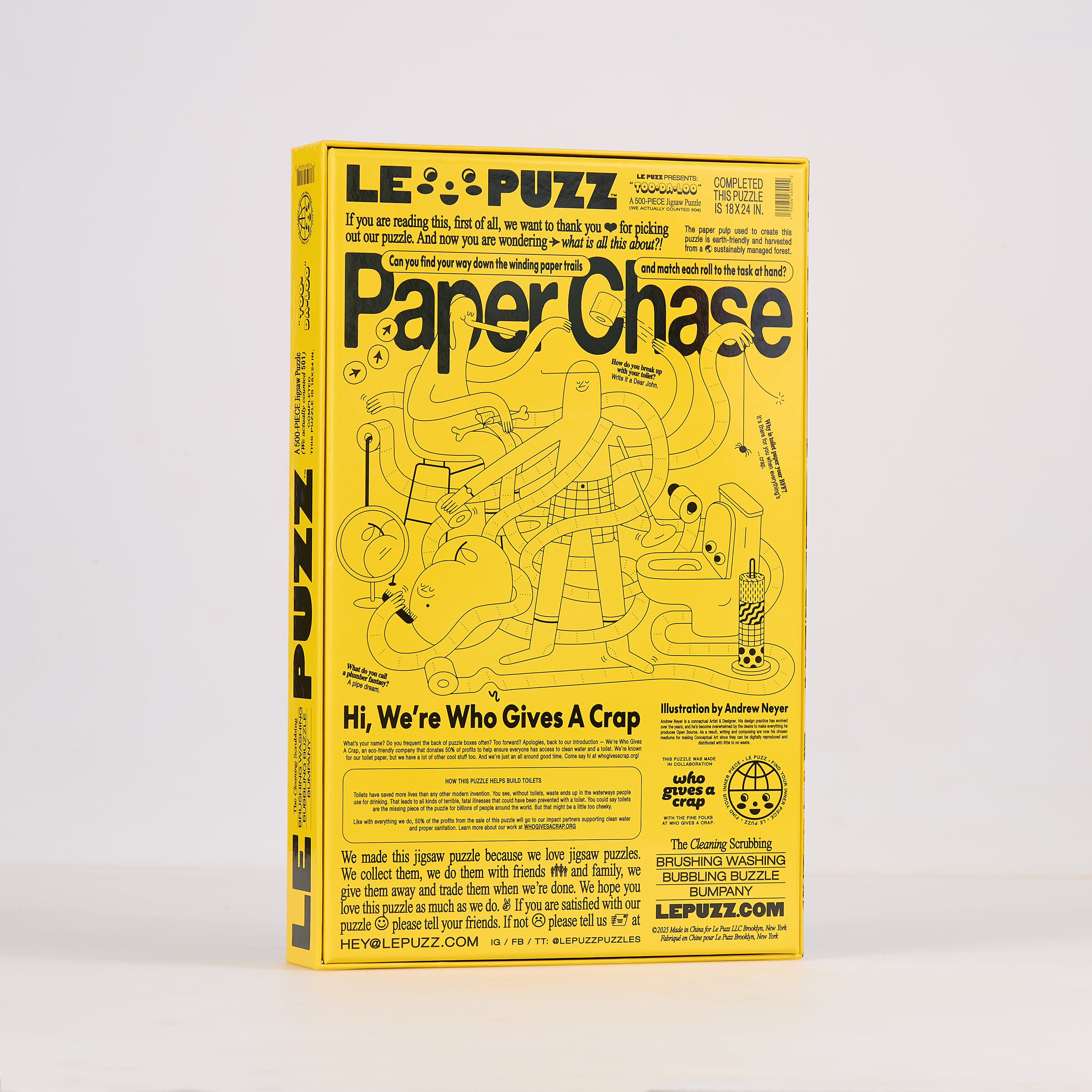 Back of Le Puzz Too-Da-Loo 500 piece puzzle box featuring Who Gives A Crap collaboration and Paper Chase illustration