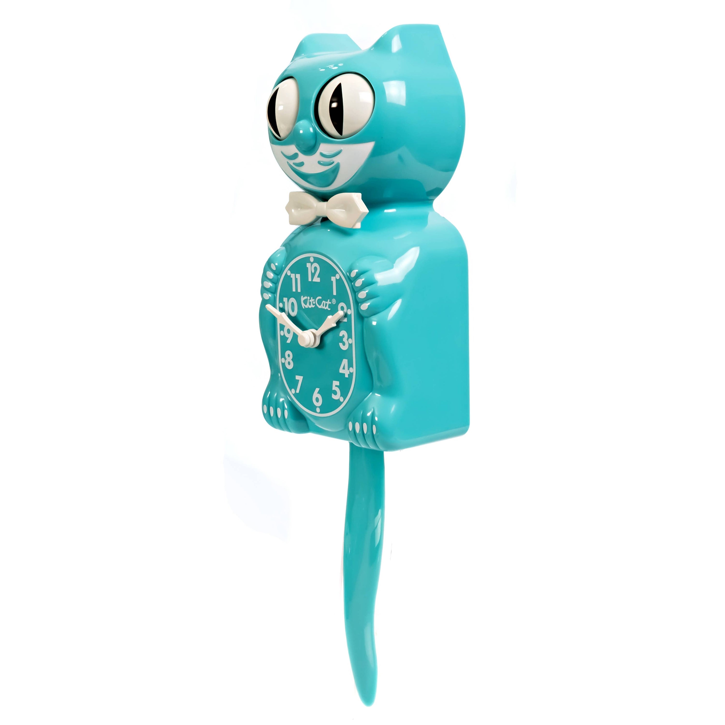 Turquoise cat-shaped clock with a white background