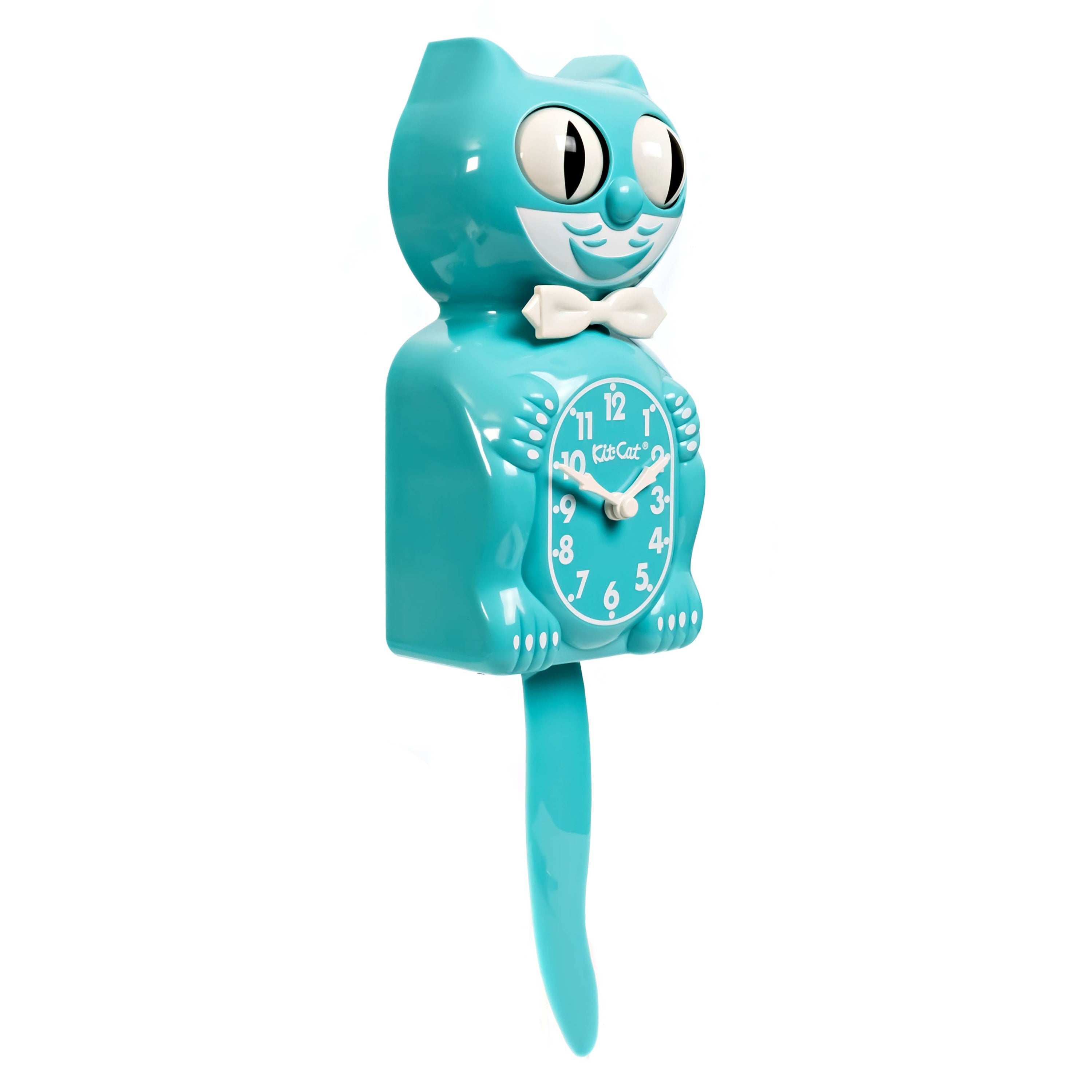 Turquoise cat-shaped clock with a white bow tie on a white background