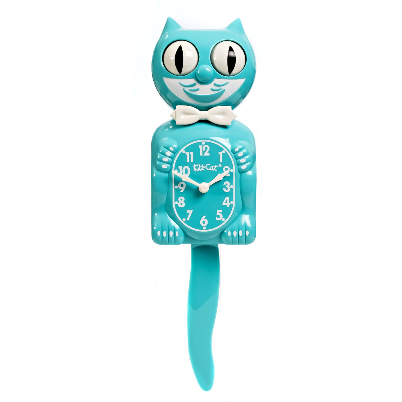 Turquoise cat-shaped clock with a white background