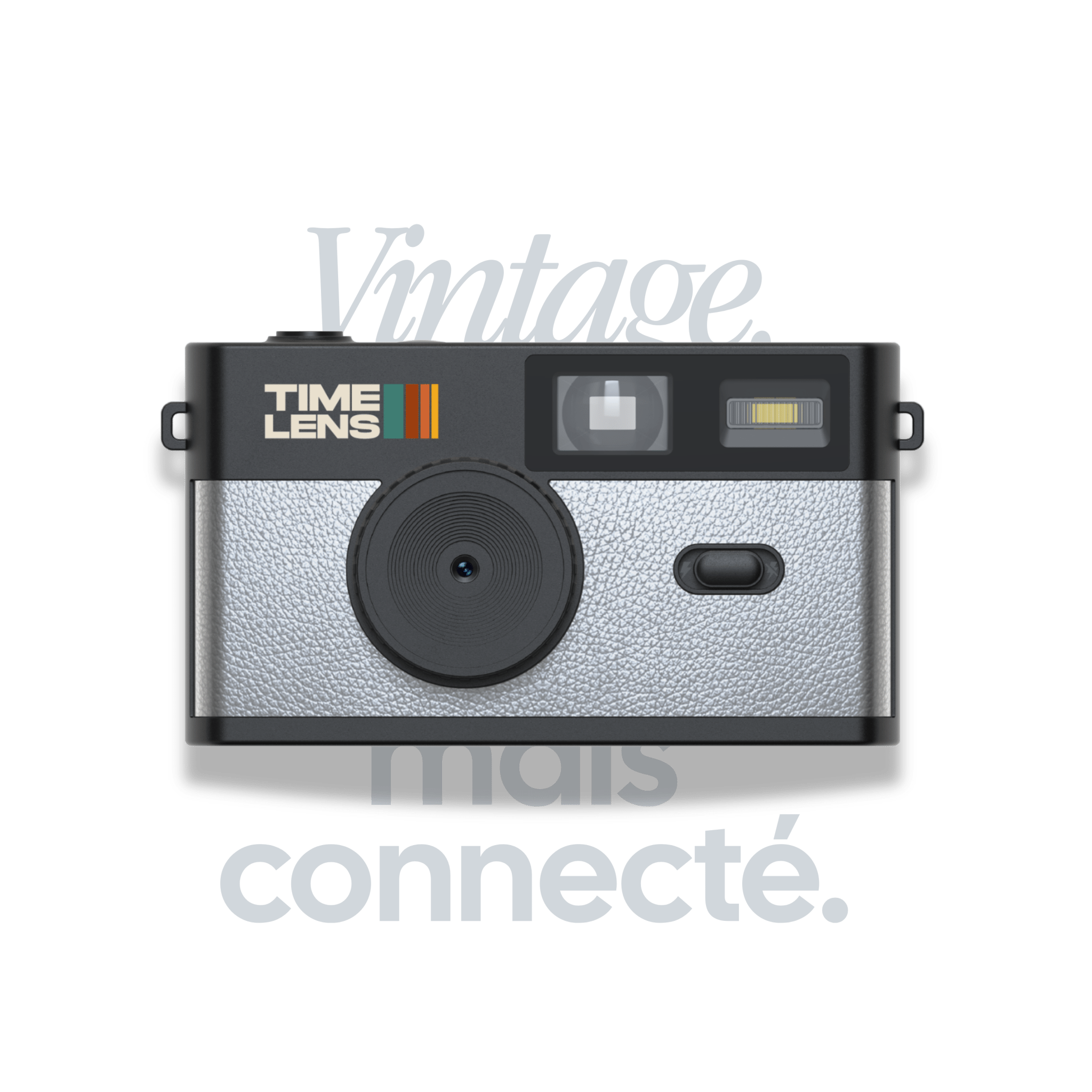 Vintage camera with 'Time Lens' branding on a green background