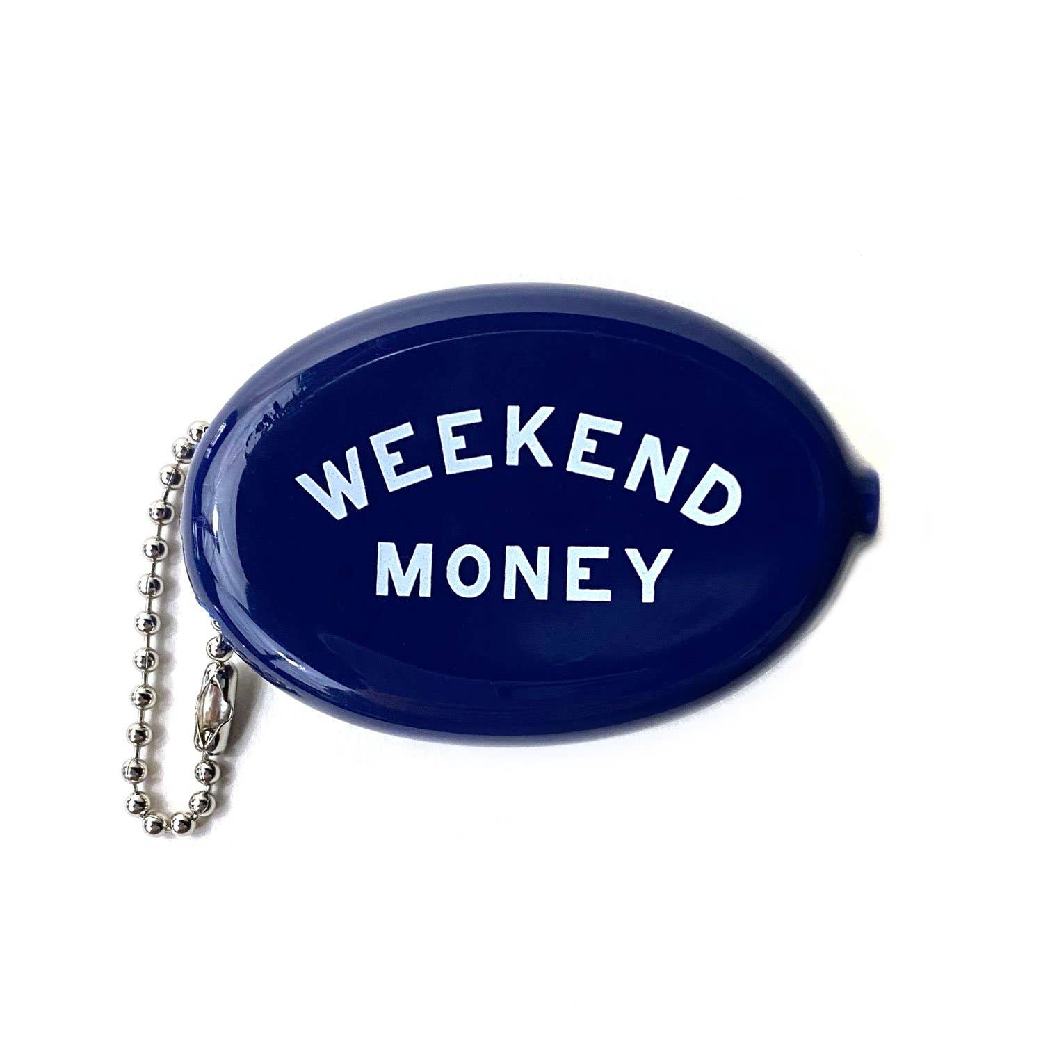 Navy blue coin purse with 'Weekend Money' text and metal chain on a white background